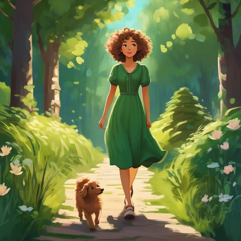 Lily with curly hair, wearing a green dress. walking with trees and animals around her