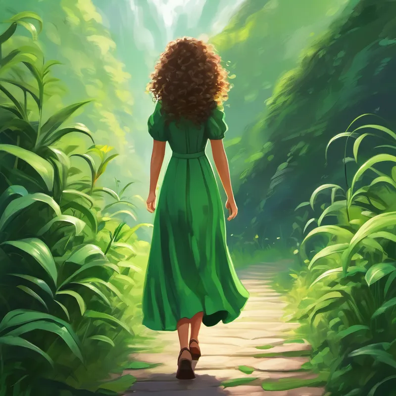 Lily with curly hair, wearing a green dress. curious, walking towards a mysterious sound