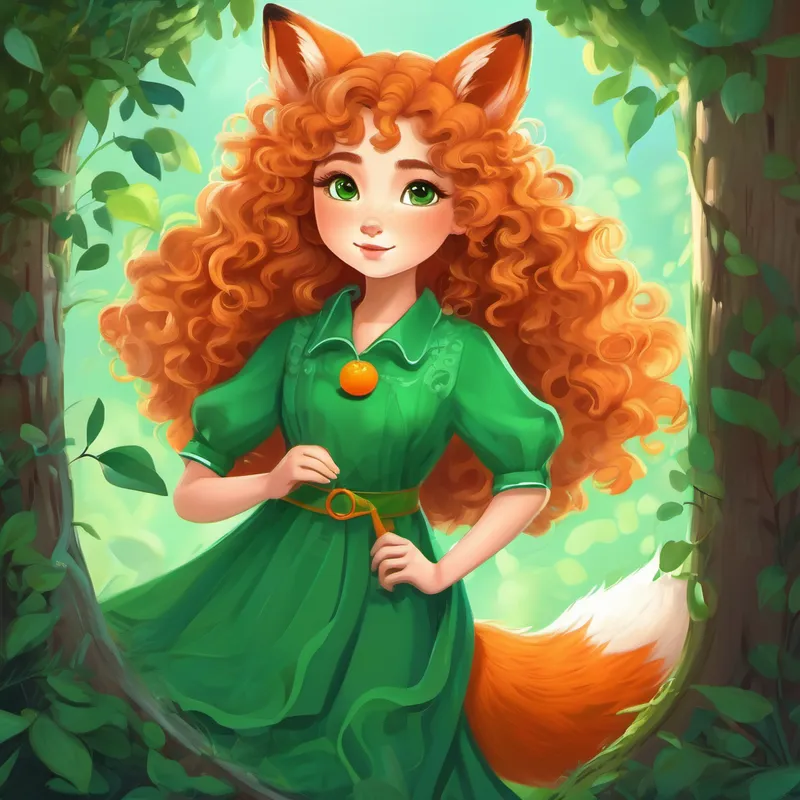 Lily with curly hair, wearing a green dress. helping a A cute orange fox with big round eyes. out of a hole