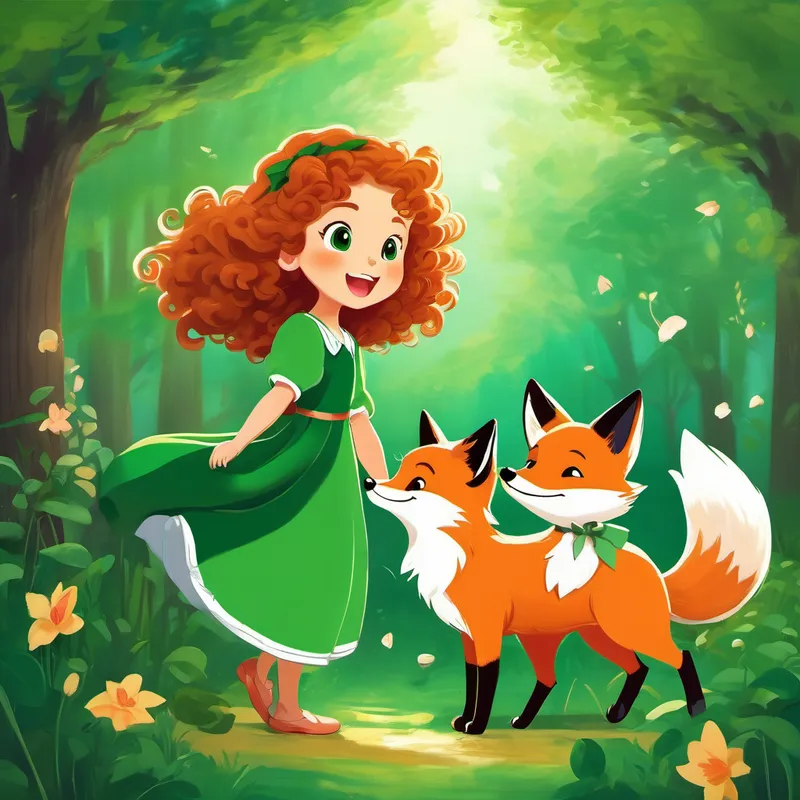 Lily with curly hair, wearing a green dress. and the fox playing together happily