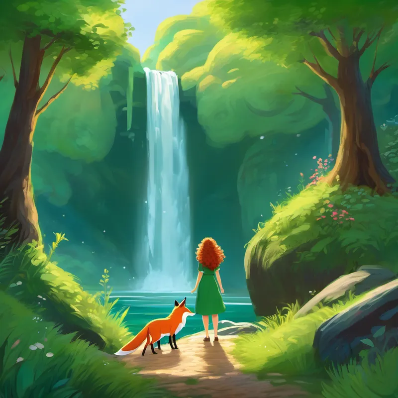 Lily with curly hair, wearing a green dress. and the fox amazed by a beautiful waterfall