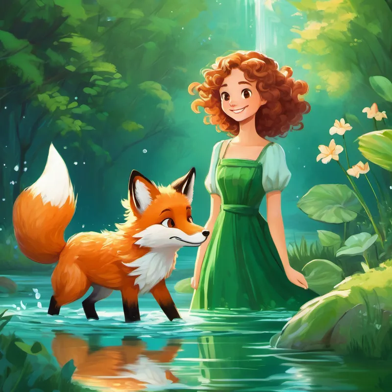 Lily with curly hair, wearing a green dress. and the fox having fun in the water
