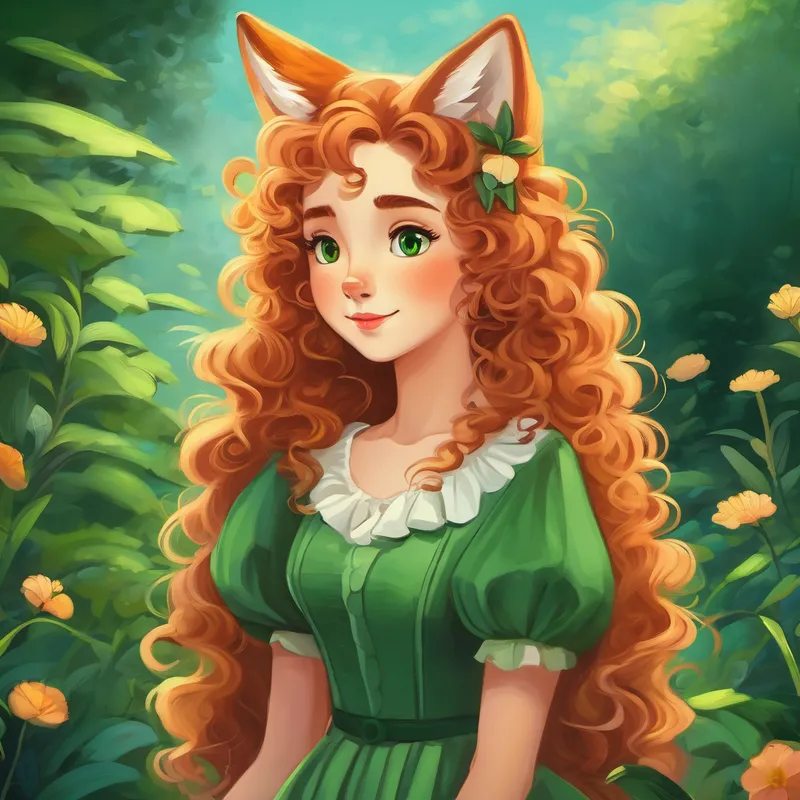 Lily with curly hair, wearing a green dress. saying goodbye to the fox sadly