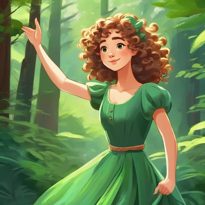 Lily with curly hair, wearing a green dress. waving goodbye, promising to return to the forest