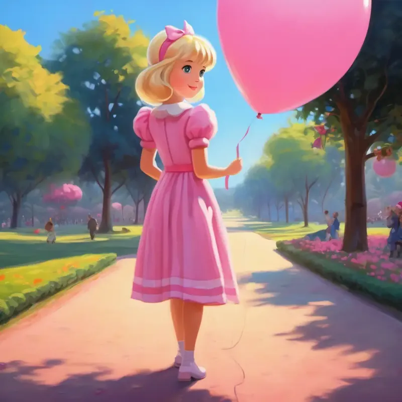 Introduction to the character Blonde, blue-eyed girl in a pink dress with a pink balloon and setting, the park.