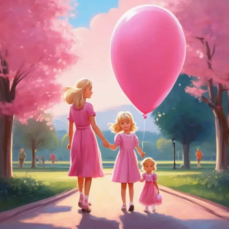 Blonde, blue-eyed girl in a pink dress with a pink balloon at the park with her parents, holding a pink balloon.