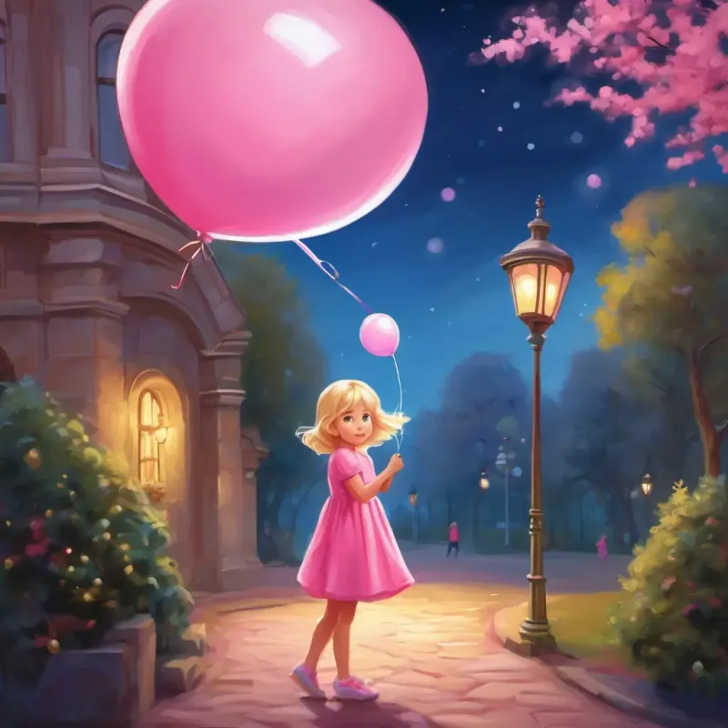 Blonde, blue-eyed girl in a pink dress with a pink balloon going to sleep, dreaming about the park.
