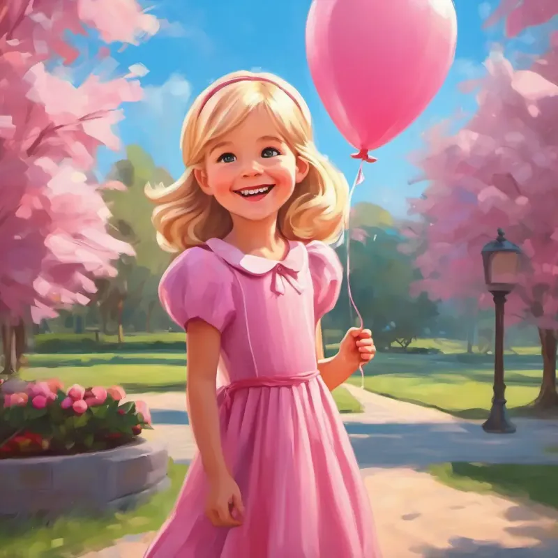 Blonde, blue-eyed girl in a pink dress with a pink balloon playing and giggling at the park.