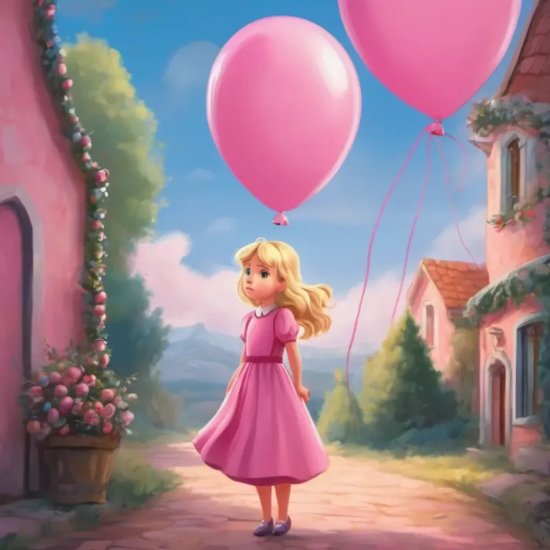 Blonde, blue-eyed girl in a pink dress with a pink balloon's balloon flies away, and she becomes sad and worried.