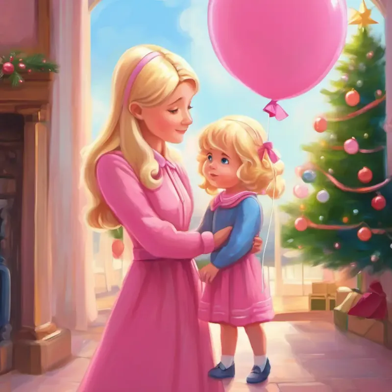 Blonde, blue-eyed girl in a pink dress with a pink balloon's parents comforting her and getting her a new balloon.