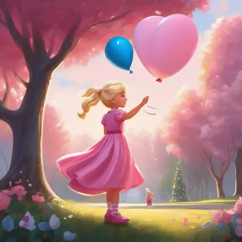 Blonde, blue-eyed girl in a pink dress with a pink balloon playing and making friends at the park.