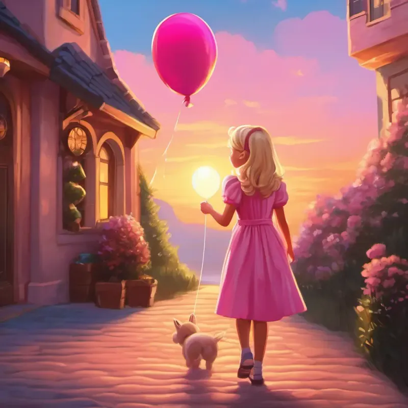 Blonde, blue-eyed girl in a pink dress with a pink balloon saying goodbye to her friends as the sun sets.