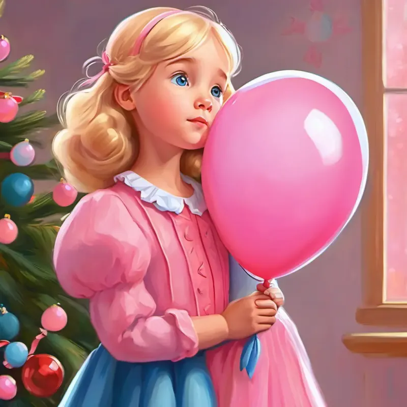 Blonde, blue-eyed girl in a pink dress with a pink balloon feeling tired but grateful, hugging her parents.