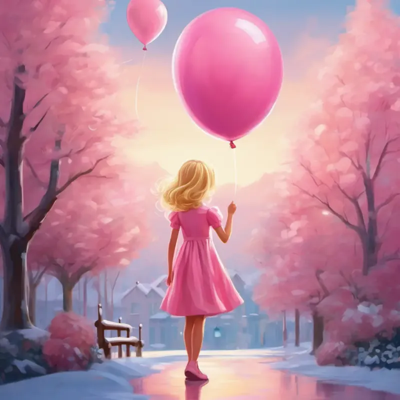 Blonde, blue-eyed girl in a pink dress with a pink balloon reflecting on the day and feeling content.