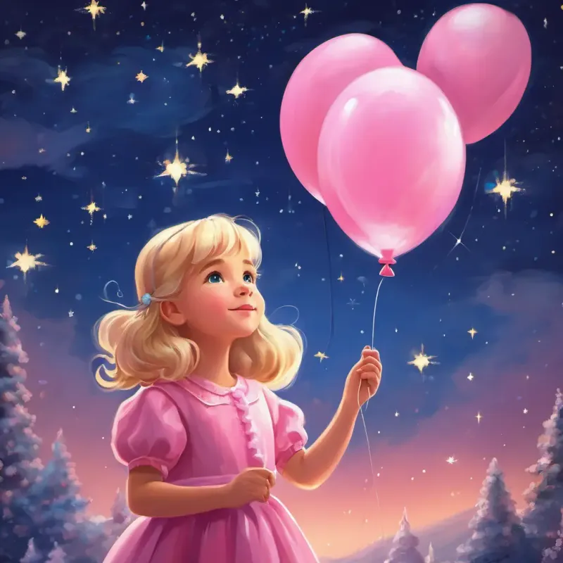 Blonde, blue-eyed girl in a pink dress with a pink balloon making a wish under the starry sky.