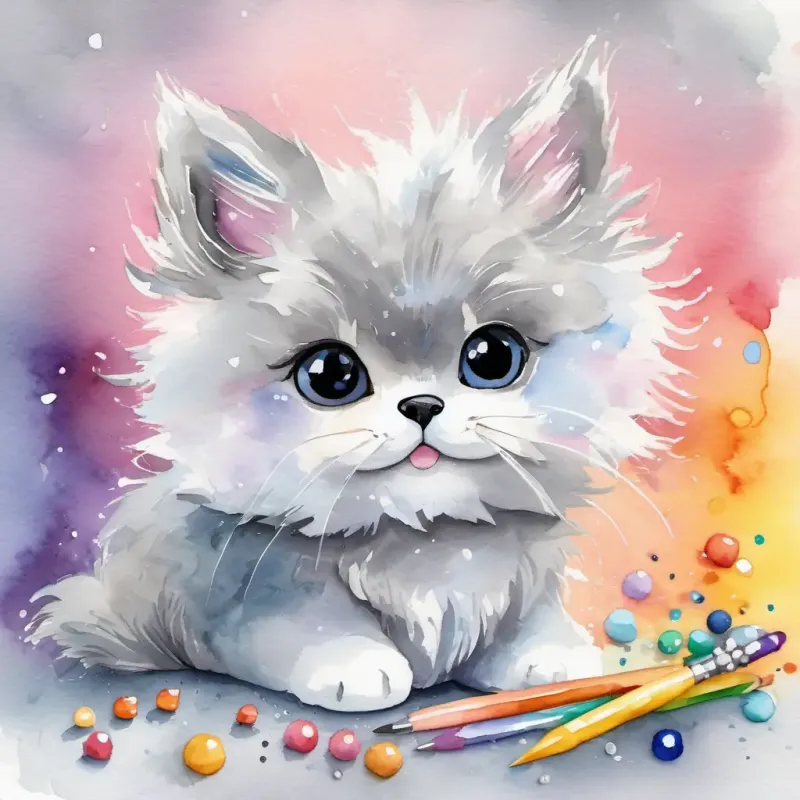 In a colorful craft box with sparkling beads and sequins, Soft grey fluff, friendly eyes, and a caring smile, a soft grey fluff, looks sad.