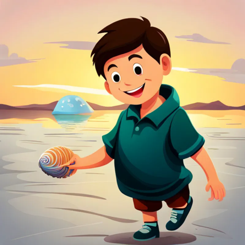 Un enfant souriant marche avec le coquillage dans une main