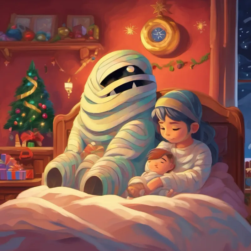 Mummy monster, child in bed, endearing moment.