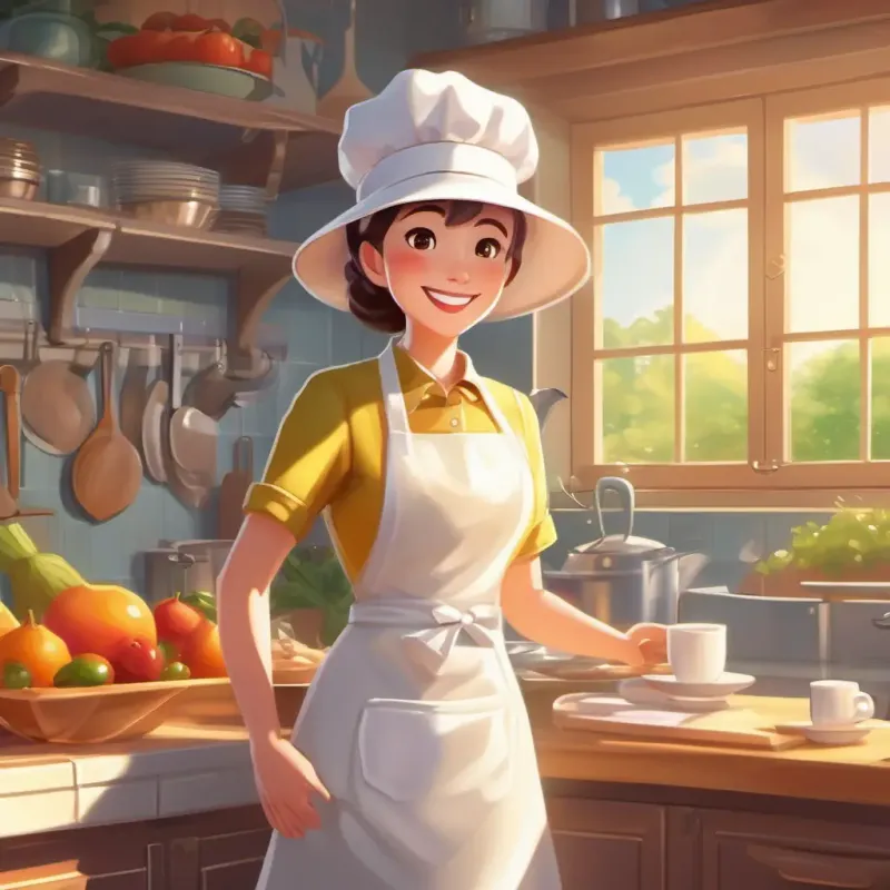 Introduction, Tall, with a white hat, apron, and a cheerful smile, sunny day, shiny kitchen.