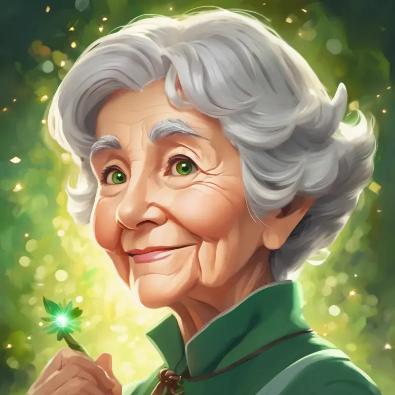 Grandma has short gray hair, twinkling green eyes, and a warm, kind face revealing her secret of being a former magician