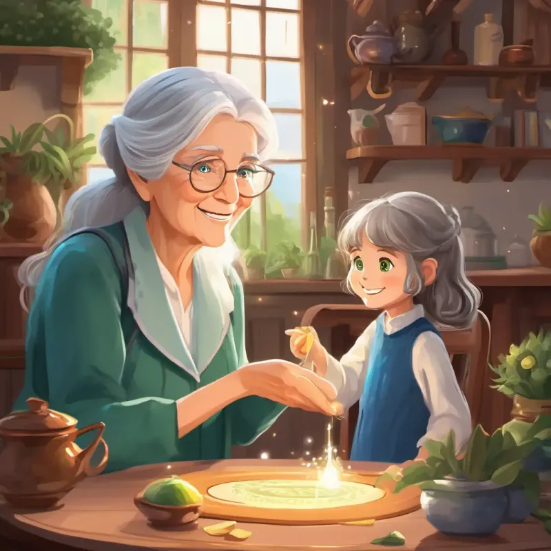 Lily has long brown hair, sparkling blue eyes, and a big smile and Grandma has short gray hair, twinkling green eyes, and a warm, kind face practicing magic tricks together