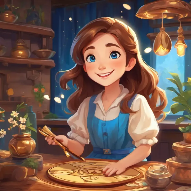 Lily has long brown hair, sparkling blue eyes, and a big smile performing magic tricks for her friends and family