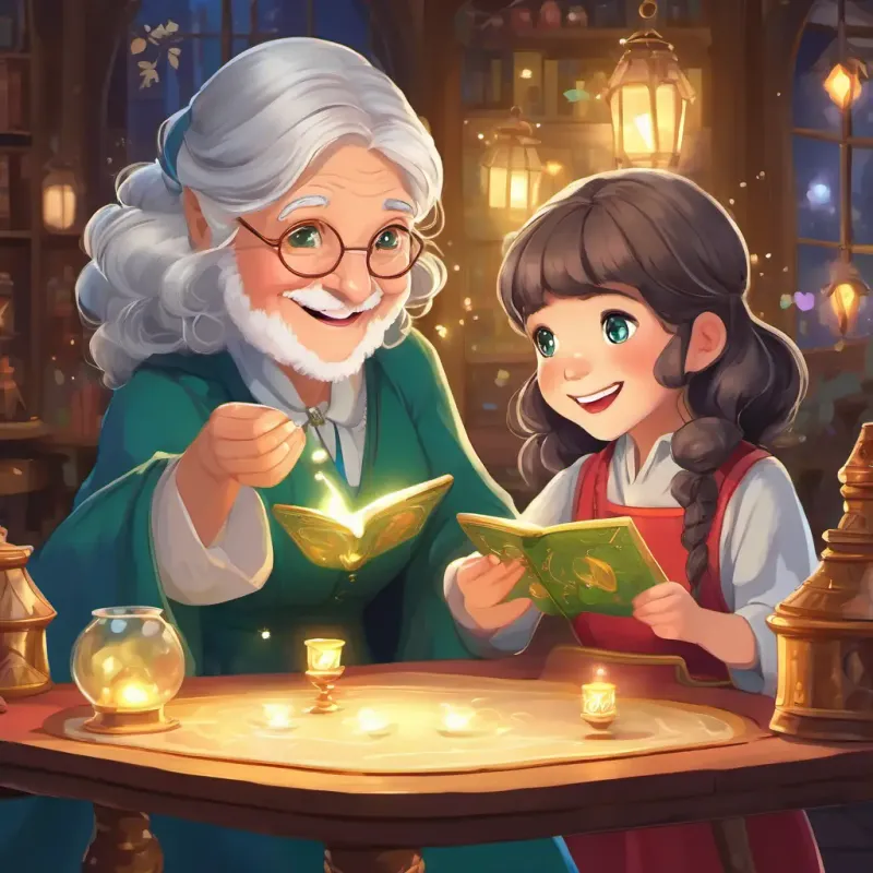 Lily has long brown hair, sparkling blue eyes, and a big smile and Grandma has short gray hair, twinkling green eyes, and a warm, kind face performing magic tricks together as famous magicians
