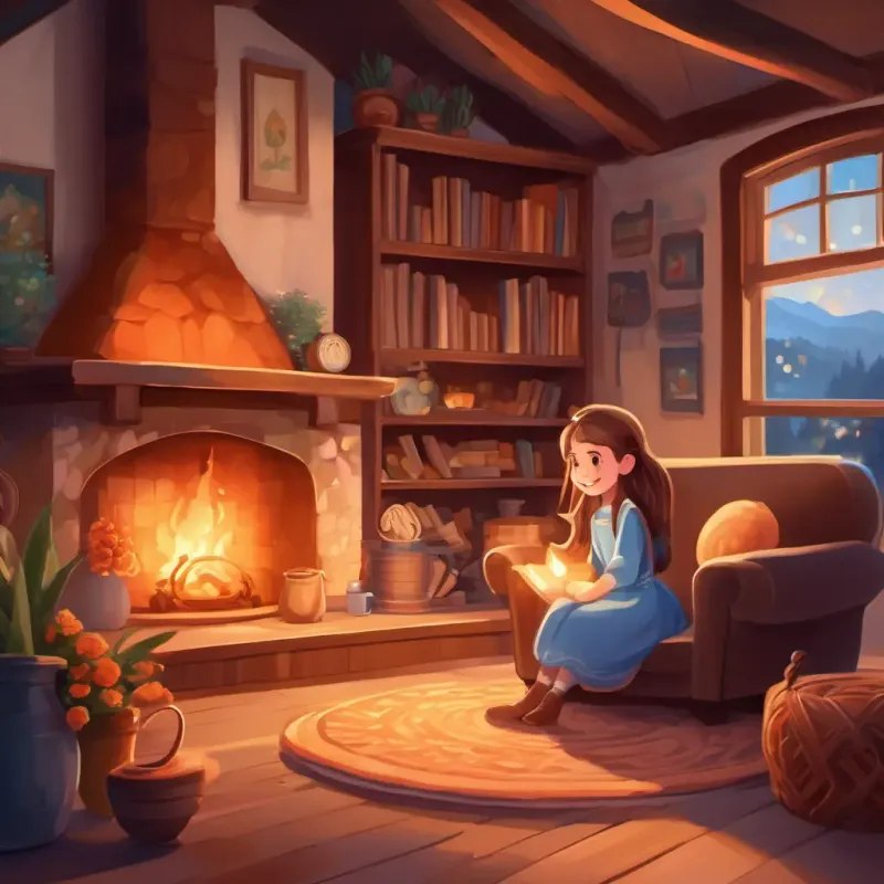 Lily has long brown hair, sparkling blue eyes, and a big smile and her grandma sitting by the fireplace in their cozy little house