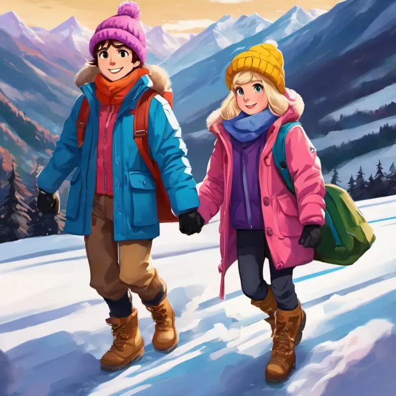 The story starts with two couples, Brown hair, green eyes, wearing a red jacket and hiking boots and Blonde hair, blue eyes, wearing a pink winter coat and snow boots, and Black hair, brown eyes, wearing a blue beanie and a gray winter jacket and Red hair, hazel eyes, wearing a purple hat and a yellow winter coat, packing their bags for an adventure in the Alpes. The setting is a snowy mountainous region with a sense of excitement and mystery.