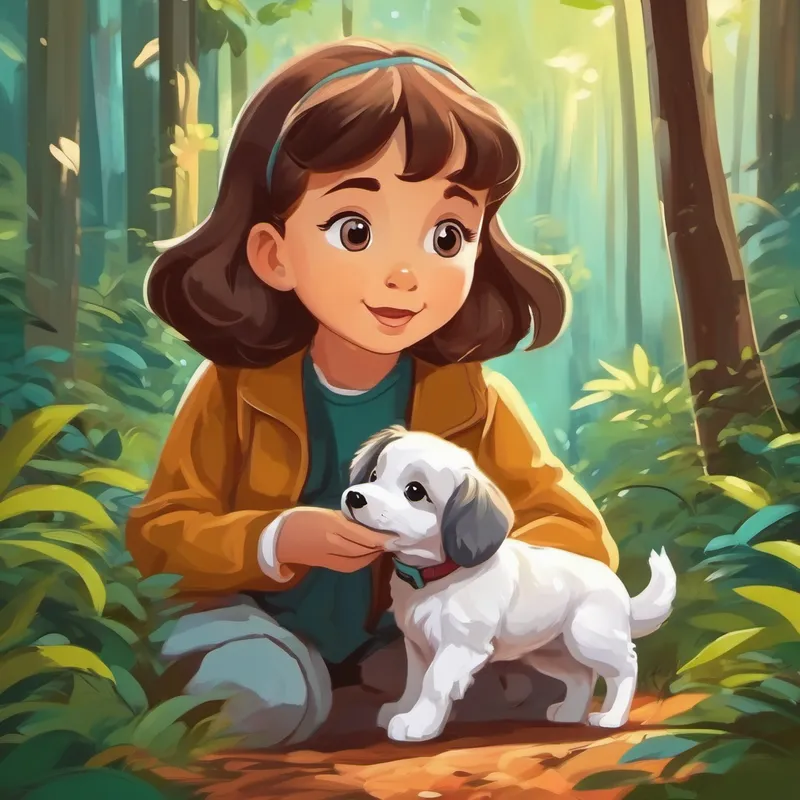 girlren discover a puppy in the forest