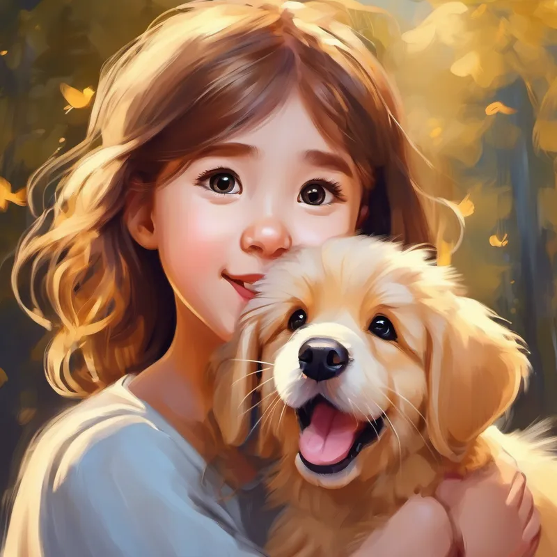 girlren play with Buddy is a fluffy golden puppy with big brown eyes., their new best friend