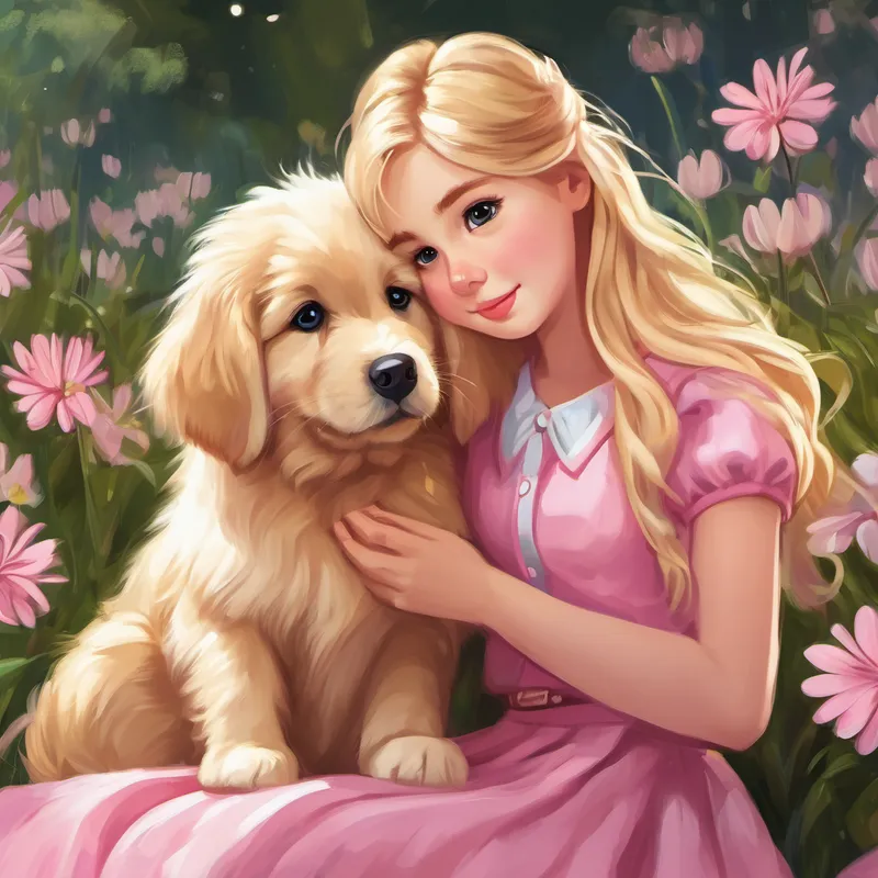 Buddy is a fluffy golden puppy with big brown eyes. comforts Lily has long blonde hair and wears a pink skirt. when she gets hurt