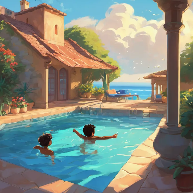 One sunny day, Hamad woke up early in the morning and saw that the sky was very blue. He knew it was going to be a perfect day for swimming! Hamad called out to Ahmed and Aisha, who were still sleeping, 'Wake up, wake up! Let's go swimming today!' The sound of his excitement reached their rooms and they quickly jumped out of bed, eager to join Hamad in the pool. The three siblings put on their swimsuits and rushed outside to the pool, ready for a splashing adventure!