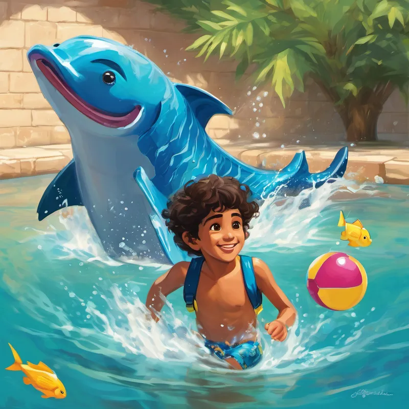 As Hamad dived into the water, his brother and sister followed him, creating big splashes and giggling with delight. They played games like 'Who can make the biggest splash?' and 'Let's swim like fish!' Hamad loved the water and felt like a little fish himself. His siblings encouraged him and cheered him on as he swam across the pool. Hamad's swimming skills improved every day, and soon he could swim all by himself!