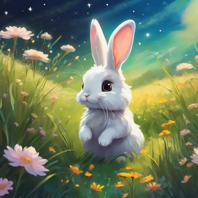 In a meadow, bunny Cute bunny with soft fur and big, curious eyes dreams of stars and adventures.