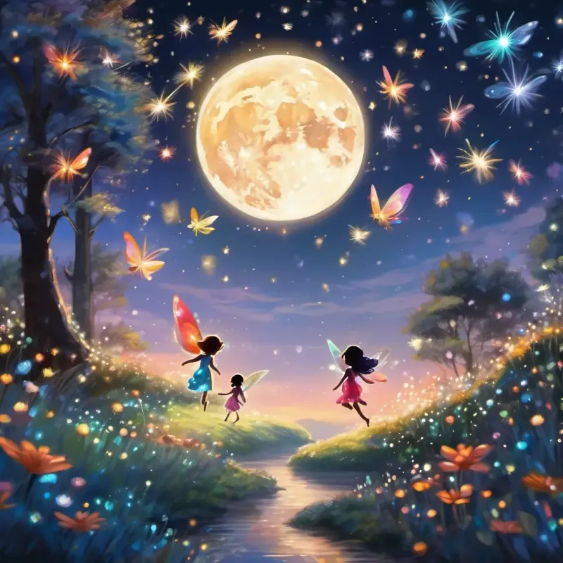 Tiny fairies with colorful wings and sparkly dresses appear and dance in the moonlight, sparkling like stars.