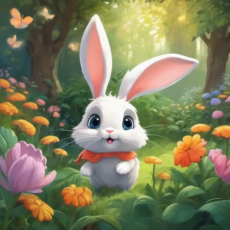 Cute bunny with soft fur and big, curious eyes dances and plays hide-and-seek with the fairies in the garden.
