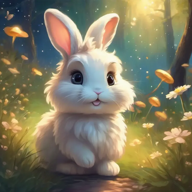Cute bunny with soft fur and big, curious eyes says goodbye to the fairies and dreams of flying with twinkling stars.