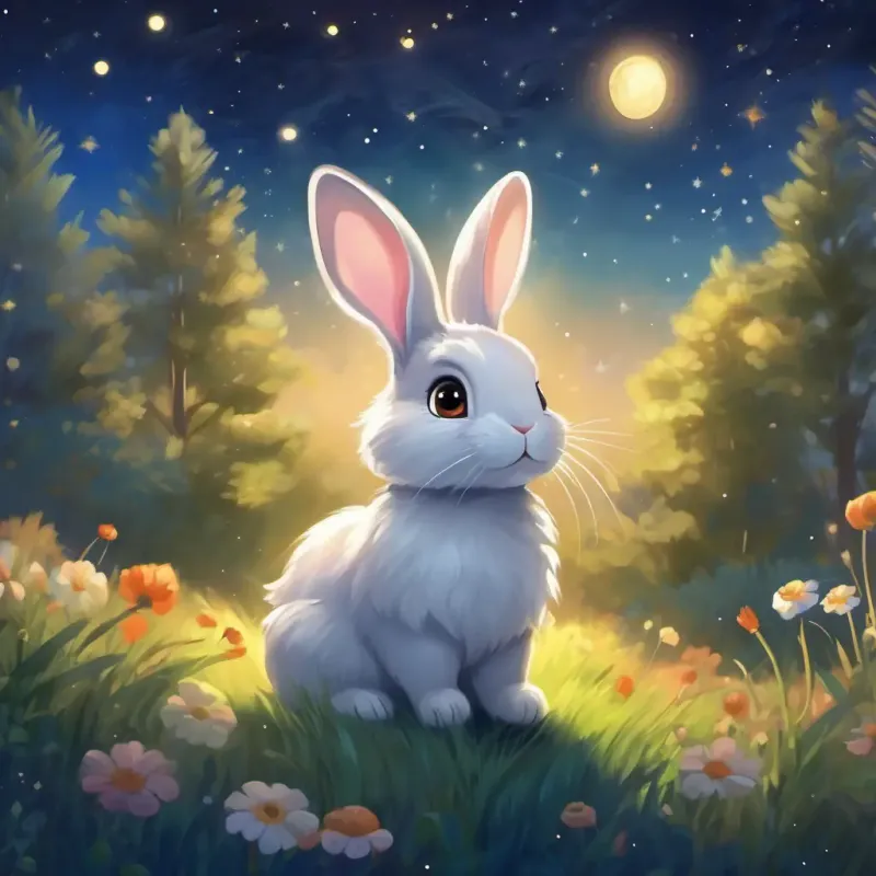 Cute bunny with soft fur and big, curious eyes wakes up feeling happy, knowing the magic of the starry night is with her.