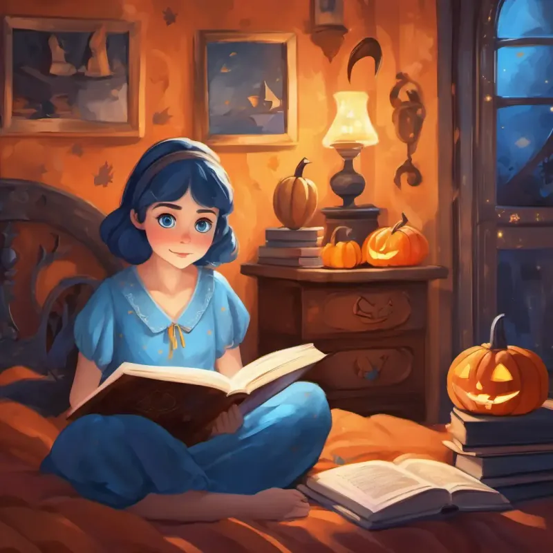 The page shows Fair skin, Sparkling blue eyes Smart, kind, and determined in her small room, sitting on her bed with a book in her hands. She has fair skin and sparkling blue eyes.