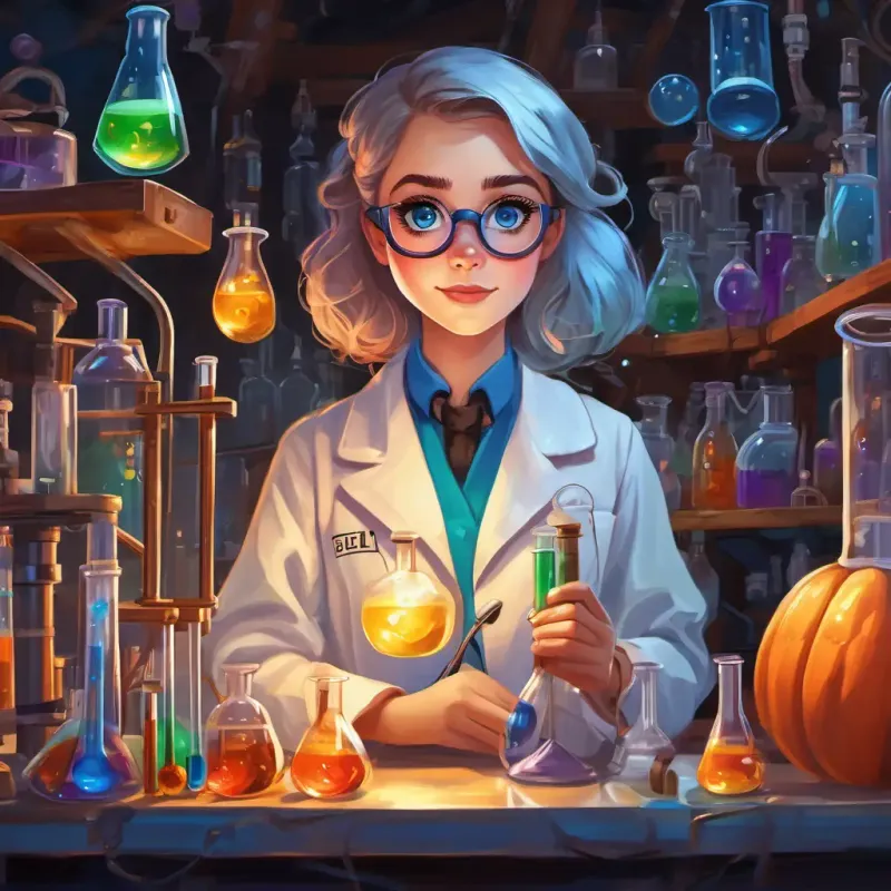 The page shows Fair skin, Sparkling blue eyes Smart, kind, and determined in her tiny attic, surrounded by beakers, test tubes, and colorful scientific equipment. She is wearing a lab coat and safety goggles.