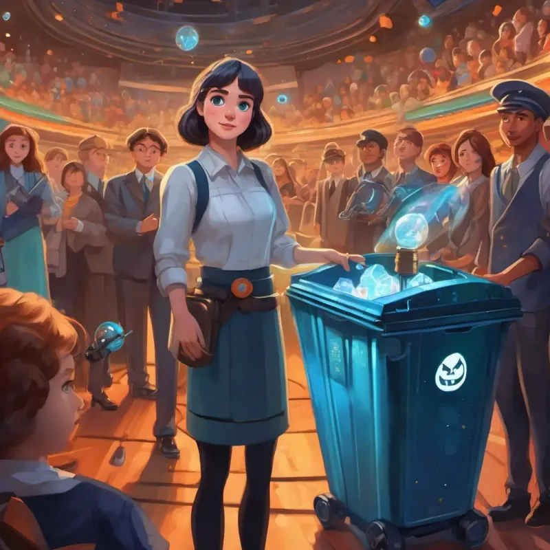 The page shows Fair skin, Sparkling blue eyes Smart, kind, and determined standing proudly on a stage, surrounded by judges and her amazed classmates. She is holding her invention, a machine that looks like a futuristic recycling bin.