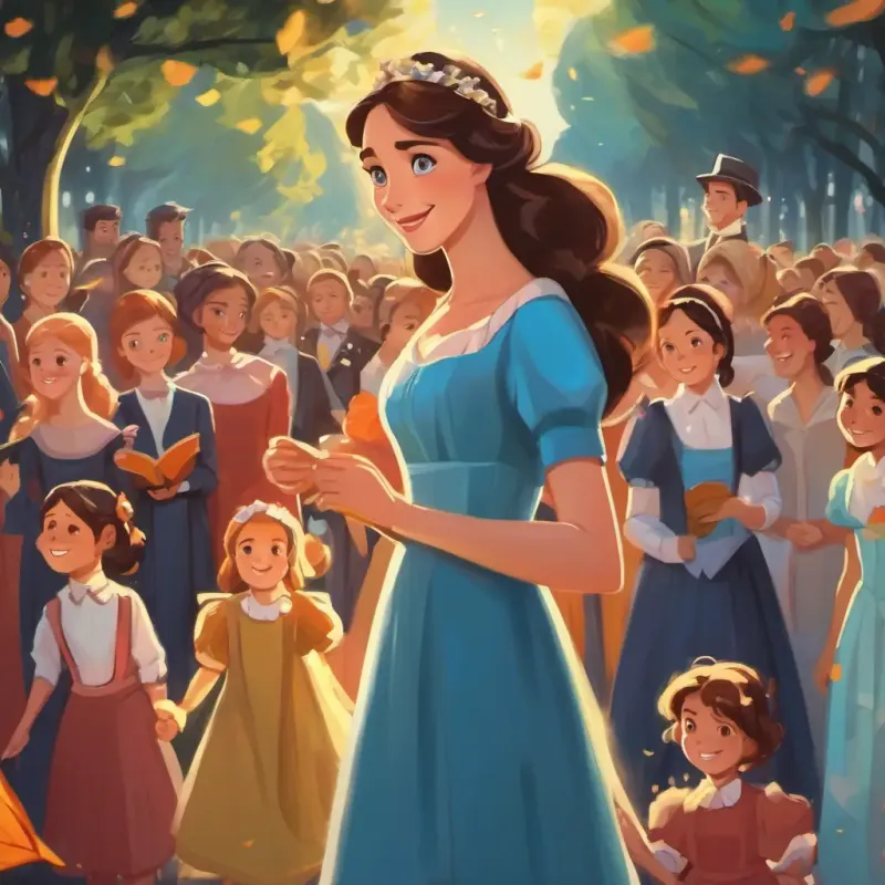 The page shows Fair skin, Sparkling blue eyes Smart, kind, and determined walking hand in hand with her stepmother and stepsisters in a park, surrounded by a crowd of people applauding her. Fair skin, Sparkling blue eyes Smart, kind, and determined has a proud and happy smile on her face, while her stepmother and stepsisters have remorseful expressions.