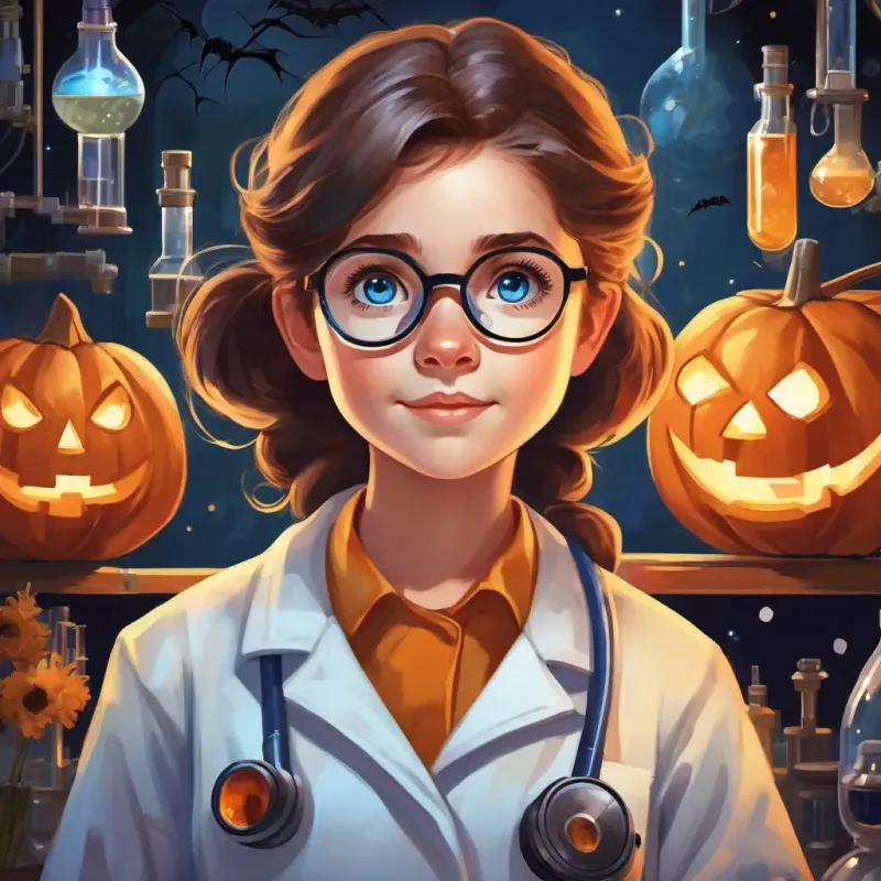 The page shows Fair skin, Sparkling blue eyes Smart, kind, and determined in a laboratory, surrounded by fellow scientists and children who look up to her. She is wearing a lab coat and glasses, with a warm and friendly expression on her face.