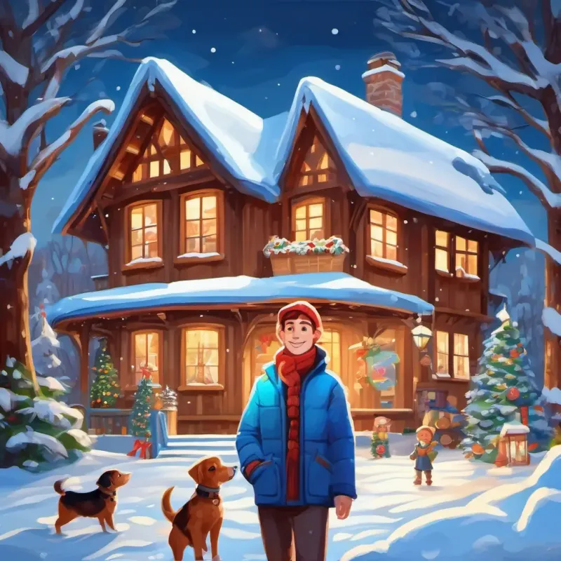 Kind man with blue eyes, fair skin and Mrs. Kind man with blue eyes, fair skinowa with kids and a puppy, snowy house