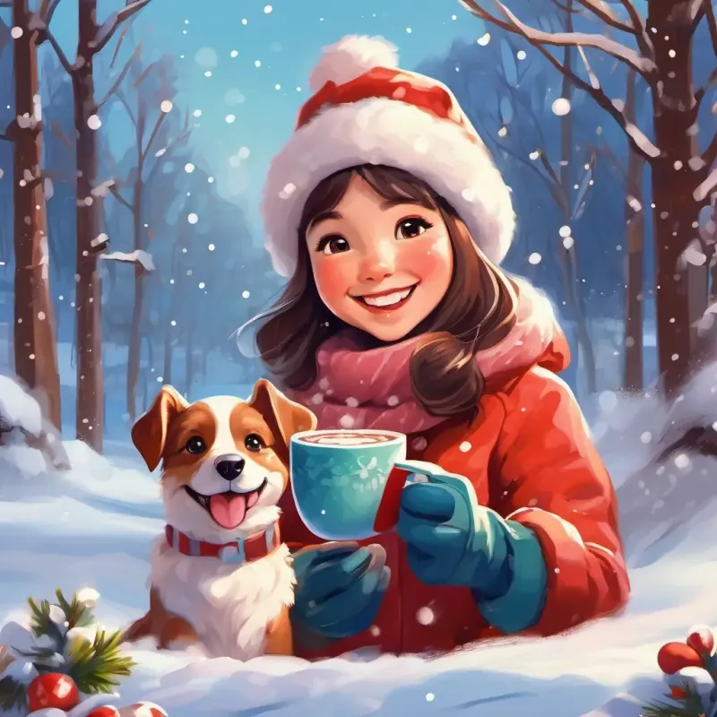 Playful, happy and energetic, fair skin and rosy cheeks giggling with puppy, enjoying hot chocolate, snowy day