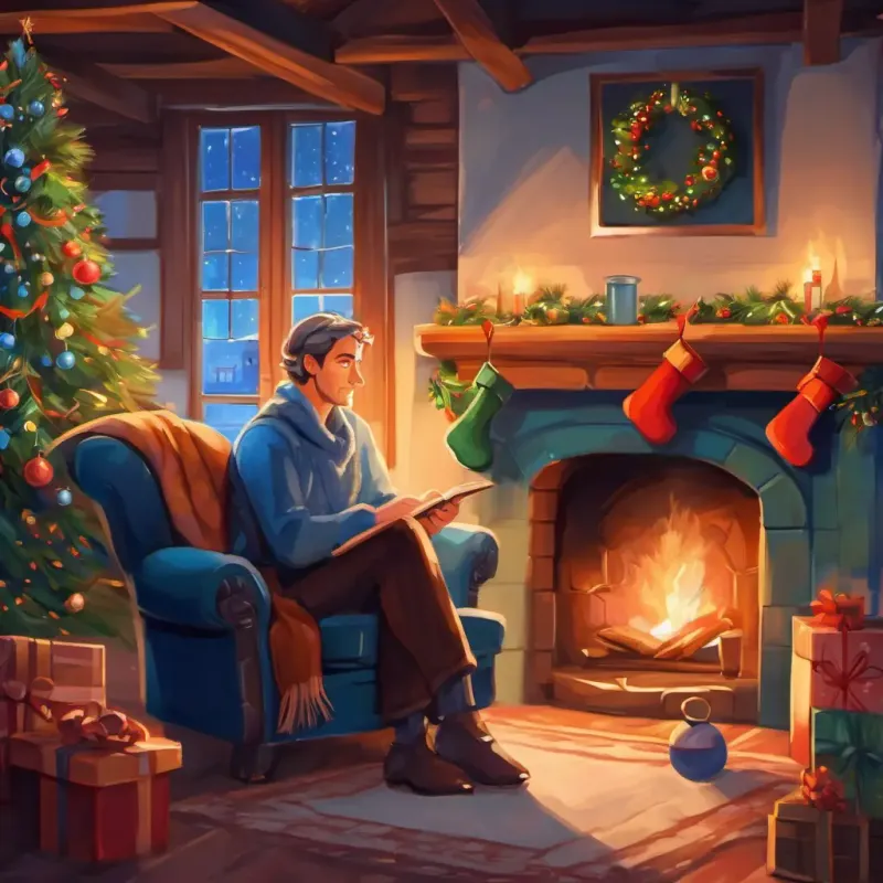 Kind man with blue eyes, fair skinowa listening to girls, crackling fireplace, cozy room
