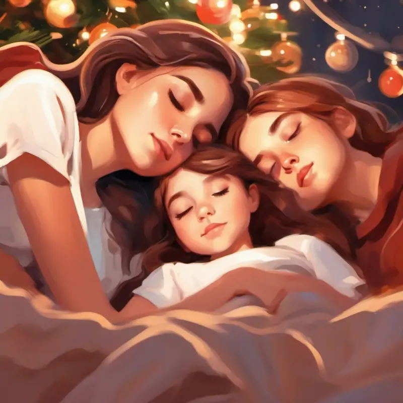 Adorable, fluffy, brown and white, bright eyes sleeping near girls, girls cuddling, dreamy atmosphere