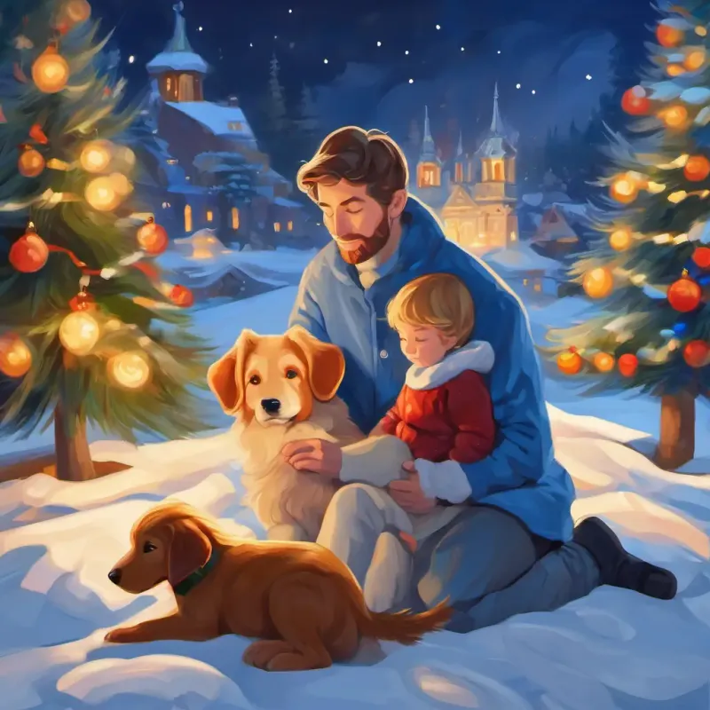 Kind man with blue eyes, fair skin and Kind man with blue eyes, fair skinowa watching over sleeping kids and puppy, warmth and love