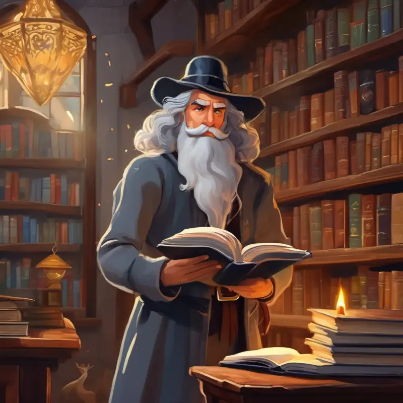 Hombre mayor, ojos gentiles, piel arrugada, cabello gris protects book vs. wicked sorcerer's theft attempt.